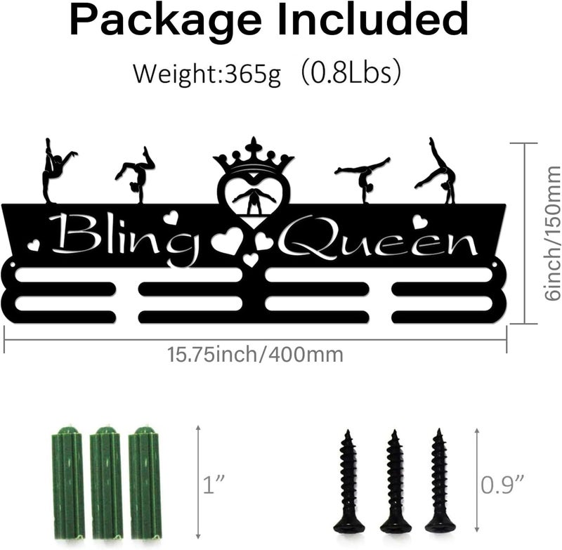 SUPERDANT Medal Holder Display Woman Gymnastics Medal Hanger Motivating Word Bling Queen Black Iron Wall Mounted Hooks for Sports Competition Wall Hanging Rack Gifts for Athletes 15.75X6in - Image 3